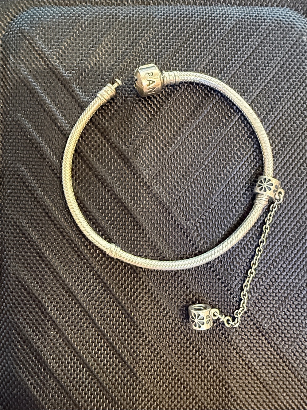 Pandora Silver Snake Chain Bracelet with Floral Safety Chain